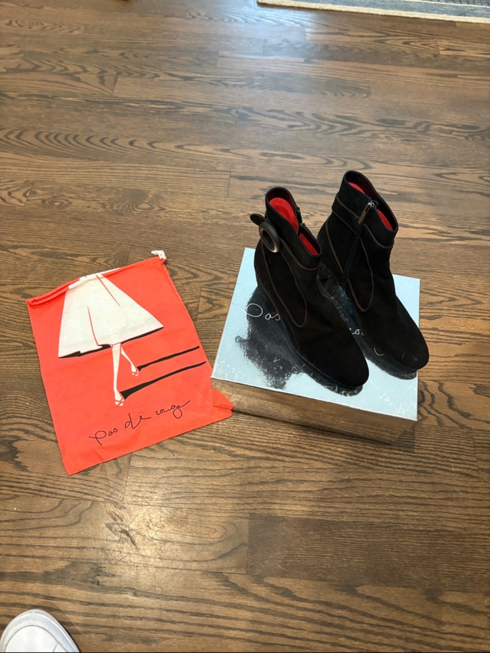Pas de Rouge Black Suede Ankle Boots with Red Lining